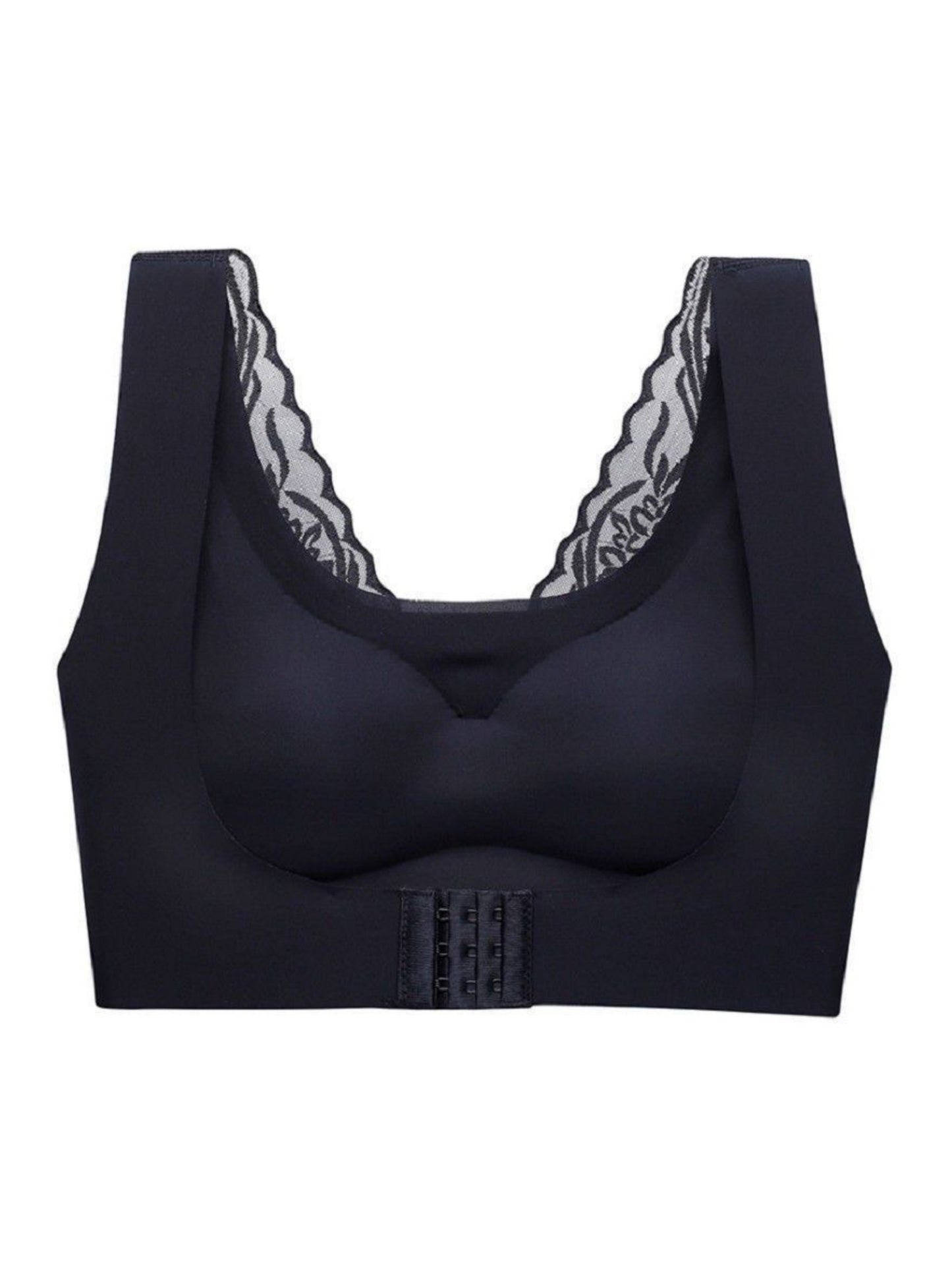 Front Closure Lace Seamless Wireless Bra Padded, Non-Slip, Beautiful Back, Large Sizes Black