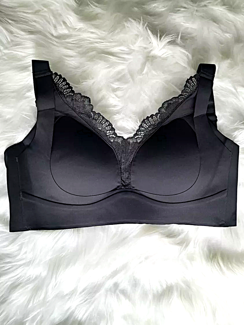 Lace V-neck Push-up Breathable Seamless Wireless Bra Black