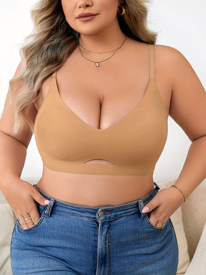 Plus Size Simple Seamless Hollow Out Wireless Bra Tan