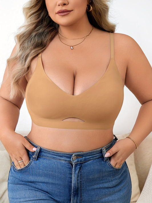 Plus Size Simple Seamless Hollow Out Wireless Bra Tan