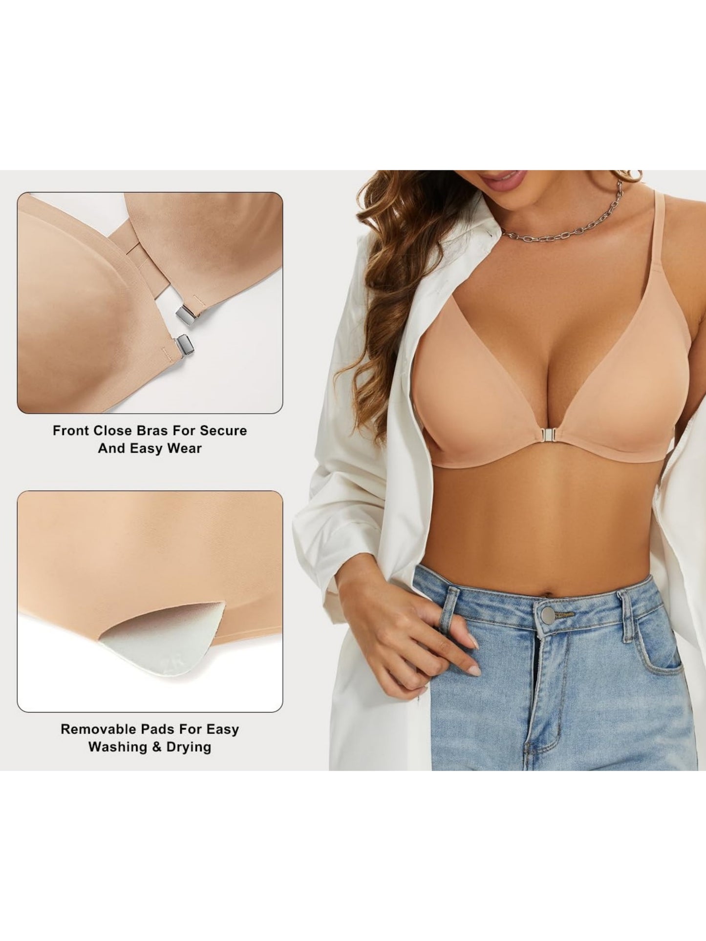 Comfortable Adjustable Straps Deep V Front Button Solid Color Wireless Bra Linen