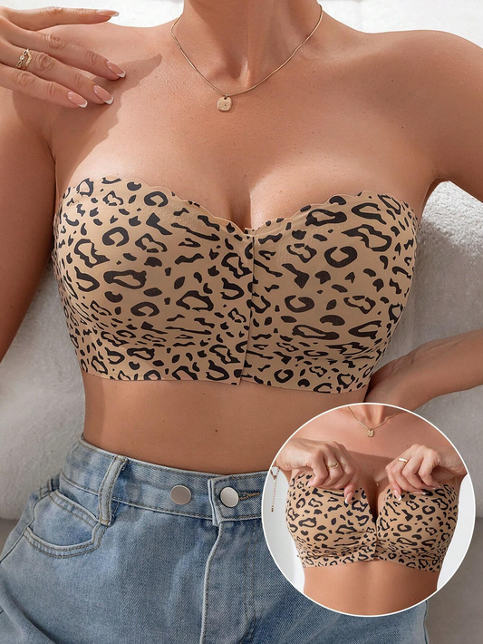 Front Closure Wireless Strapless Bra Leopard