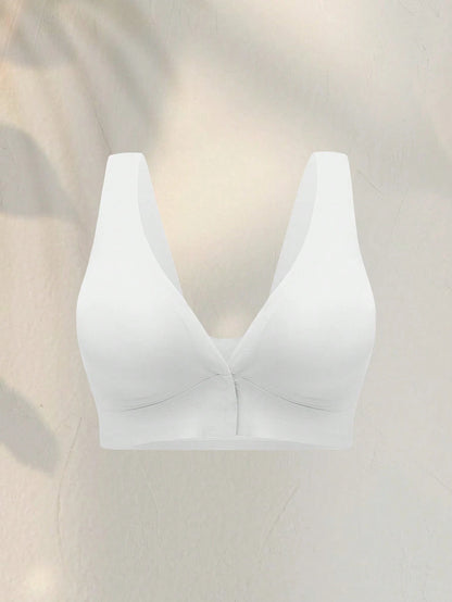 Deep V-Neck Front-Button Solid ColorBra, mit herausnehmbaren Pads Wireless Bra Ivory