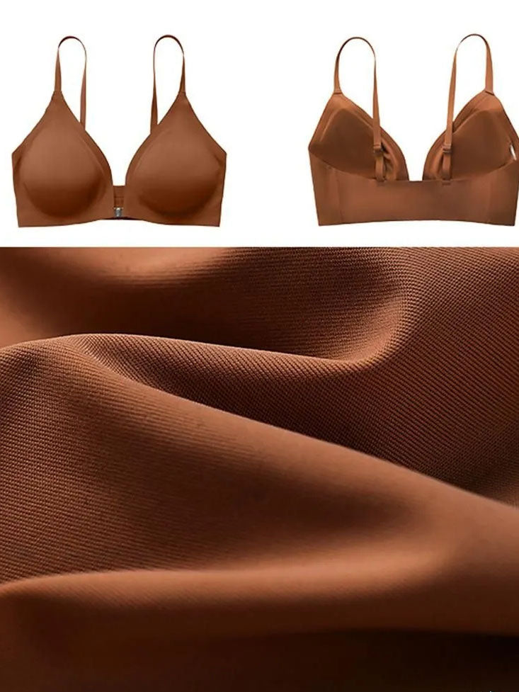 Comfortable Adjustable Straps Deep V Front Button Solid Color Wireless Bra RosyBrown