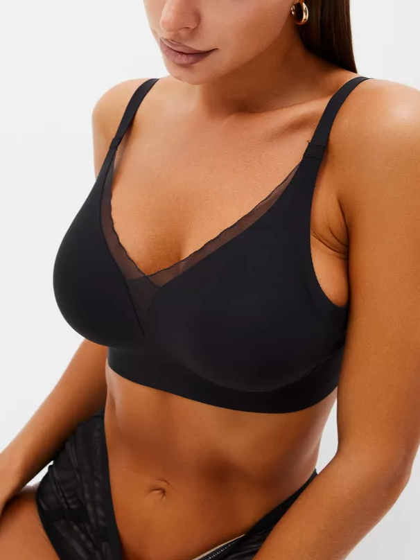 Deep V Mesh Seamless Push-up Without Steel Ring To Prevent Sagging Bra Black