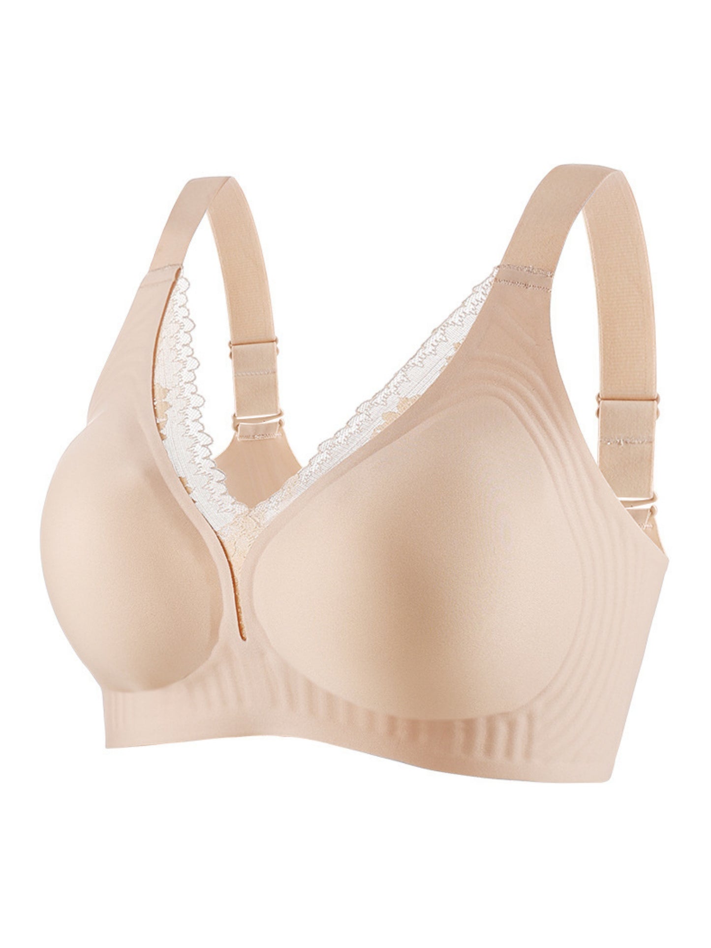 V-neck Lace Stitching Seamless Push-up Wireless Bra Beige