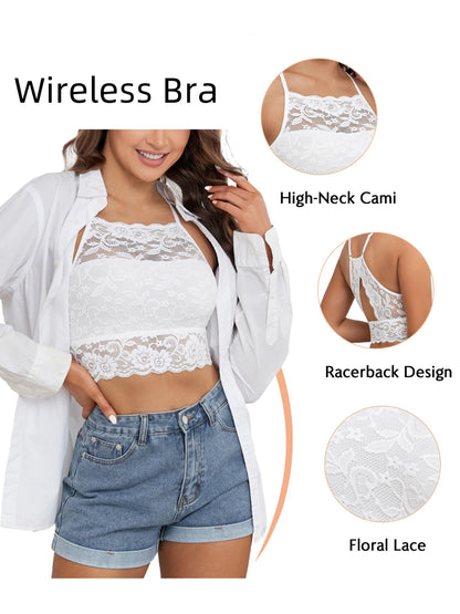 Sexy Lace Crop Double Layered Wireless High-Neck Bra