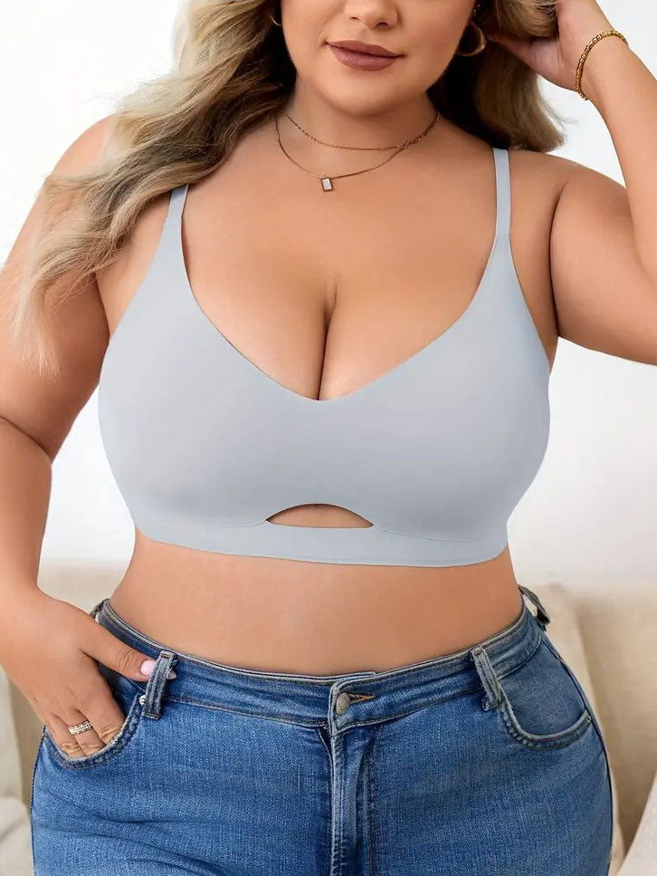 Plus Size Simple Seamless Hollow Out Wireless Bra LightCyan