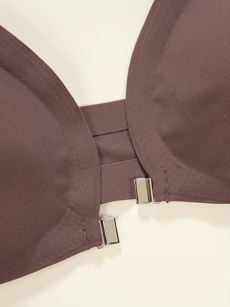 Comfortable Adjustable Straps Deep V Front Button Solid Color Wireless Bra Purple