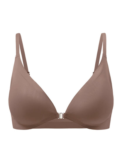 Comfortable Adjustable Straps Deep V Front Button Solid Color Wireless Bra Milkcoffee