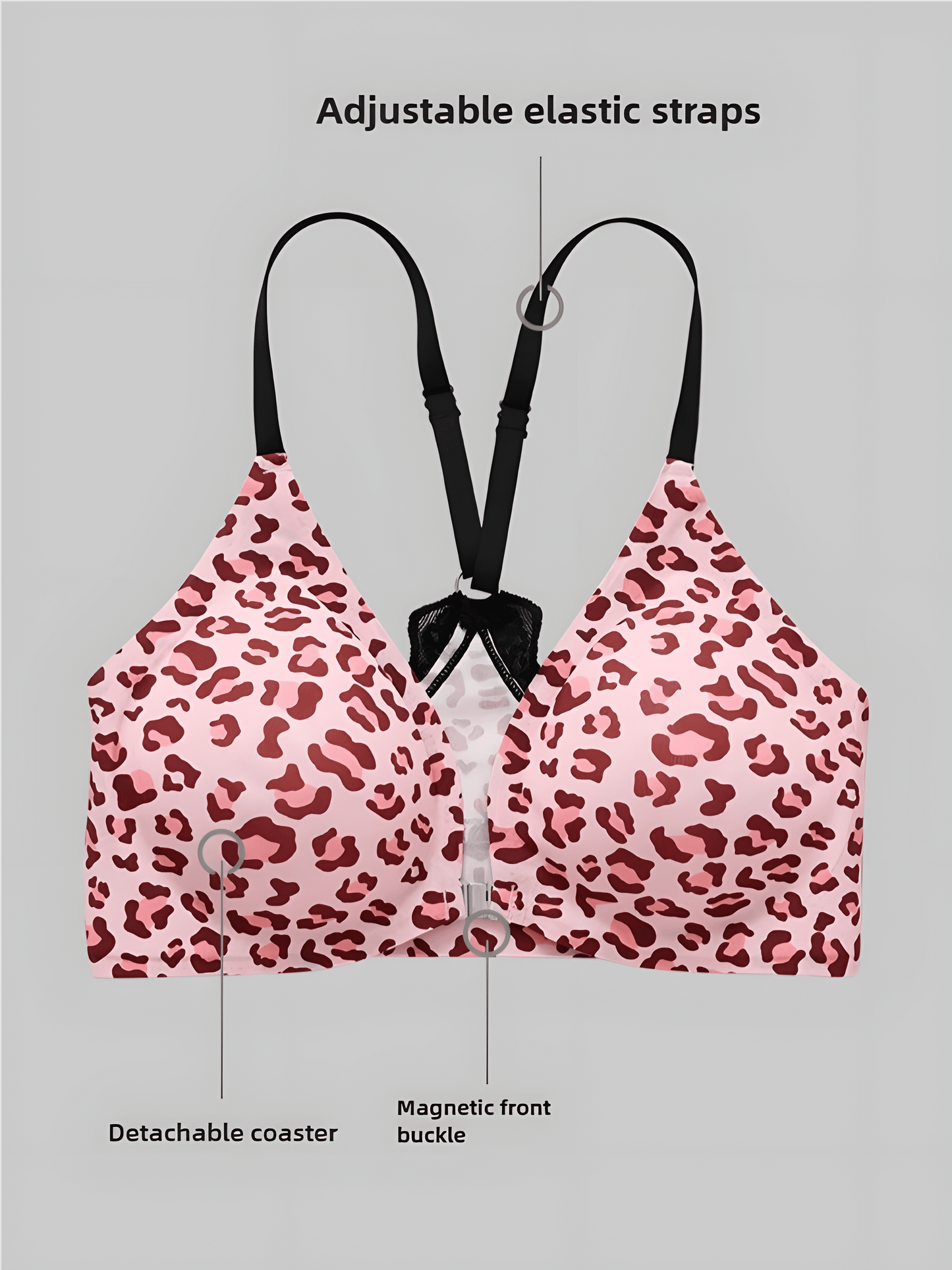 Comfort Adjustable Straps Deep V Front Button Leopard Print Wireless Bra