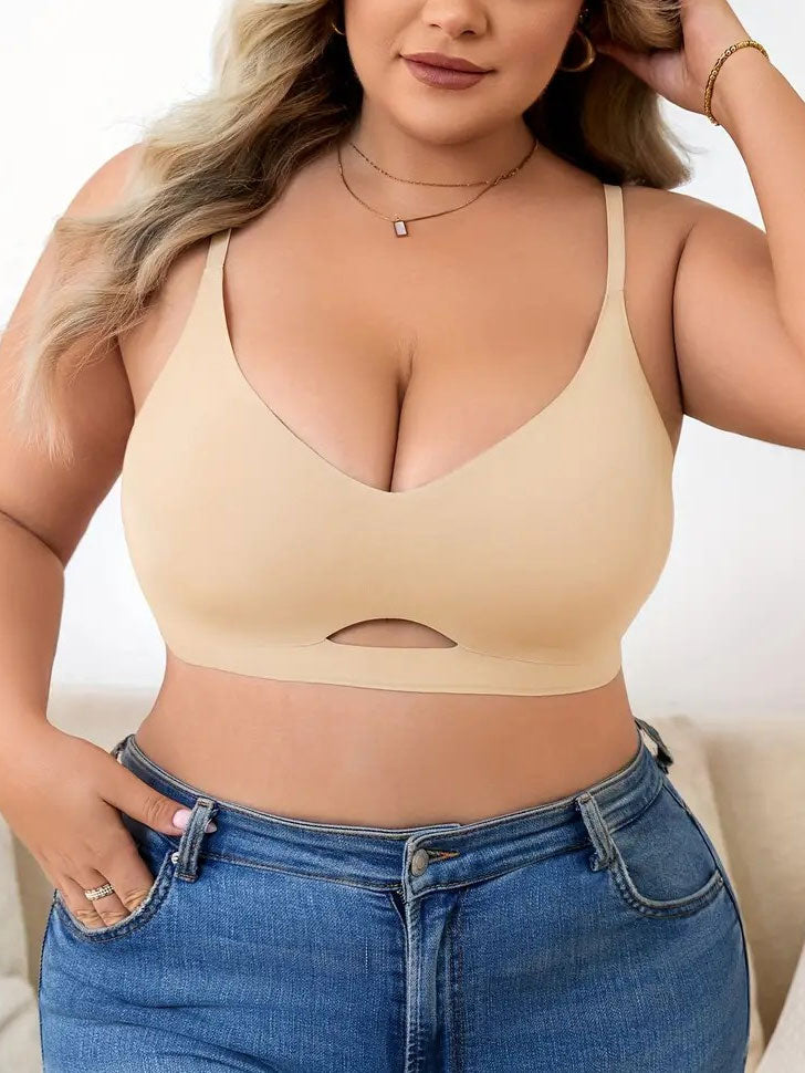 Plus Size Simple Seamless Hollow Out Wireless Bra Cornsilk