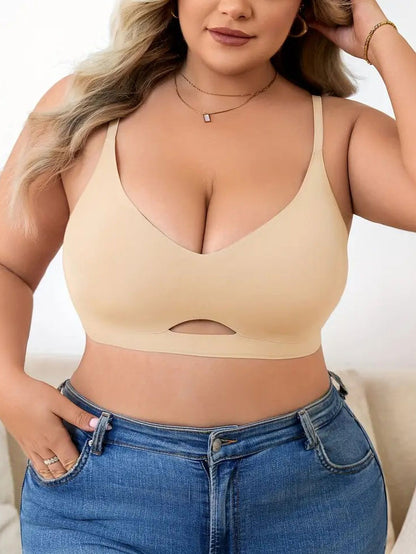 Plus Size Simple Seamless Hollow Out Wireless Bra Cornsilk