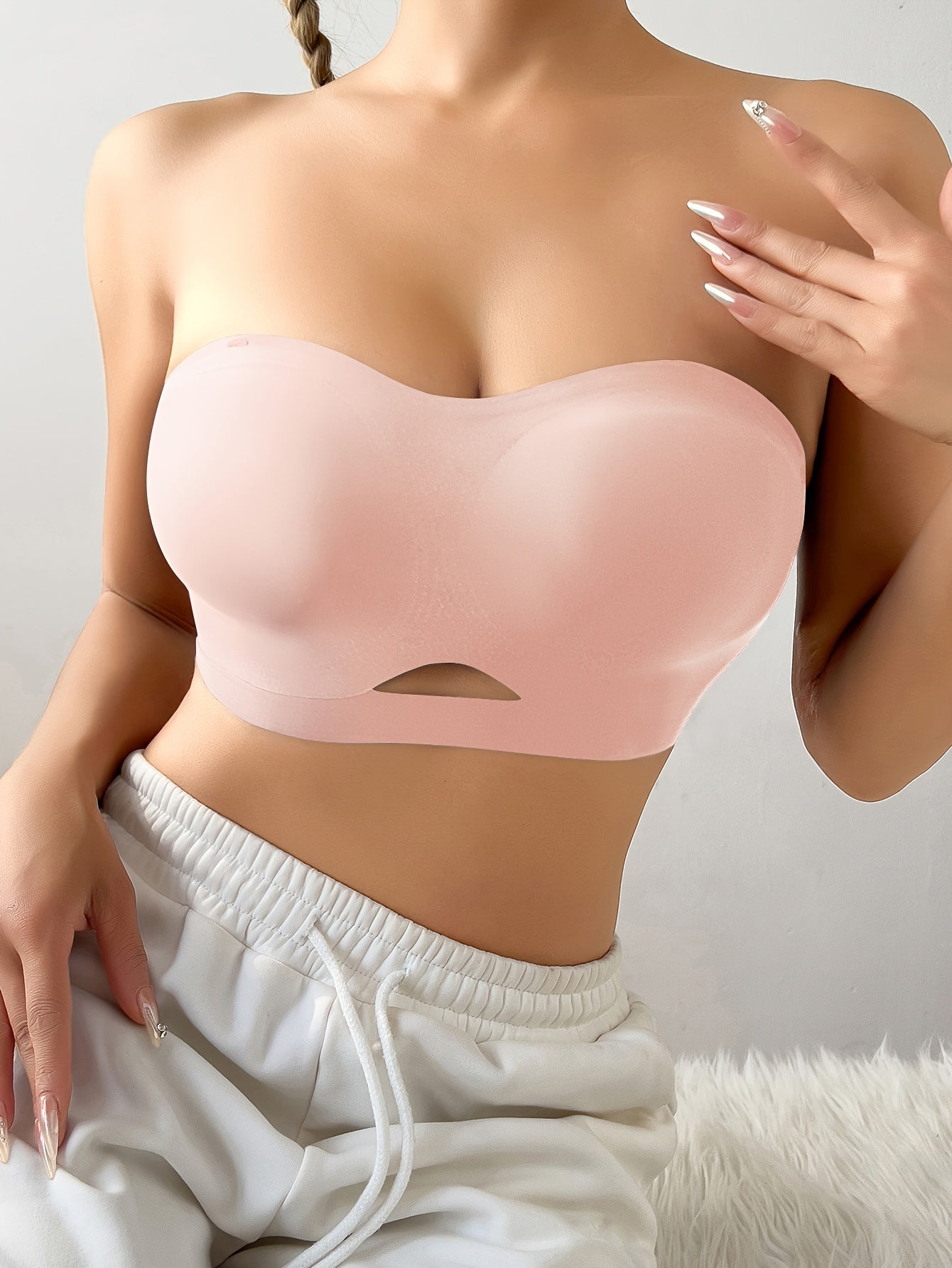 Solid Color Seamless Cutout Sexy Strapless Push-Up Bra Pink