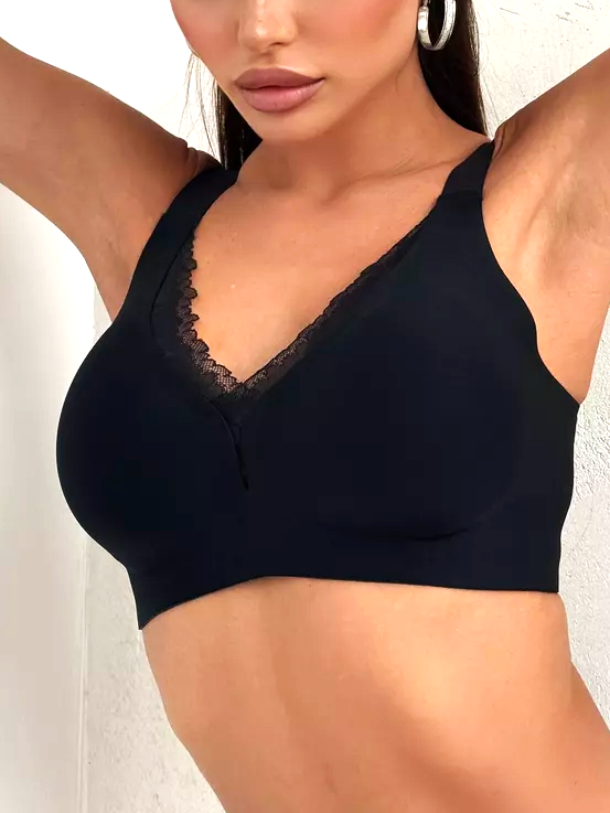 V-neck Lace Stitching Seamless Push-up Wireless Bra Black