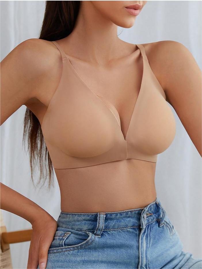 Solid Color Front Button Deep V Wireless Bra Tan