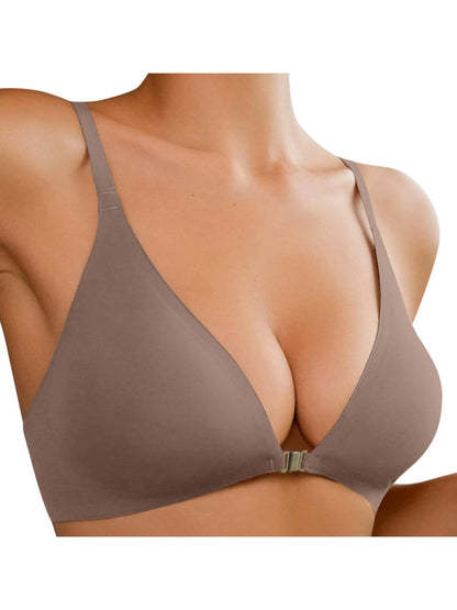 Comfortable Adjustable Straps Deep V Front Button Solid Color Wireless Bra Milkcoffee