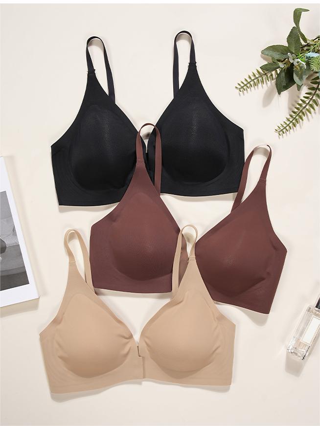 Solid Color Front Button Deep V Wireless Bra Tan