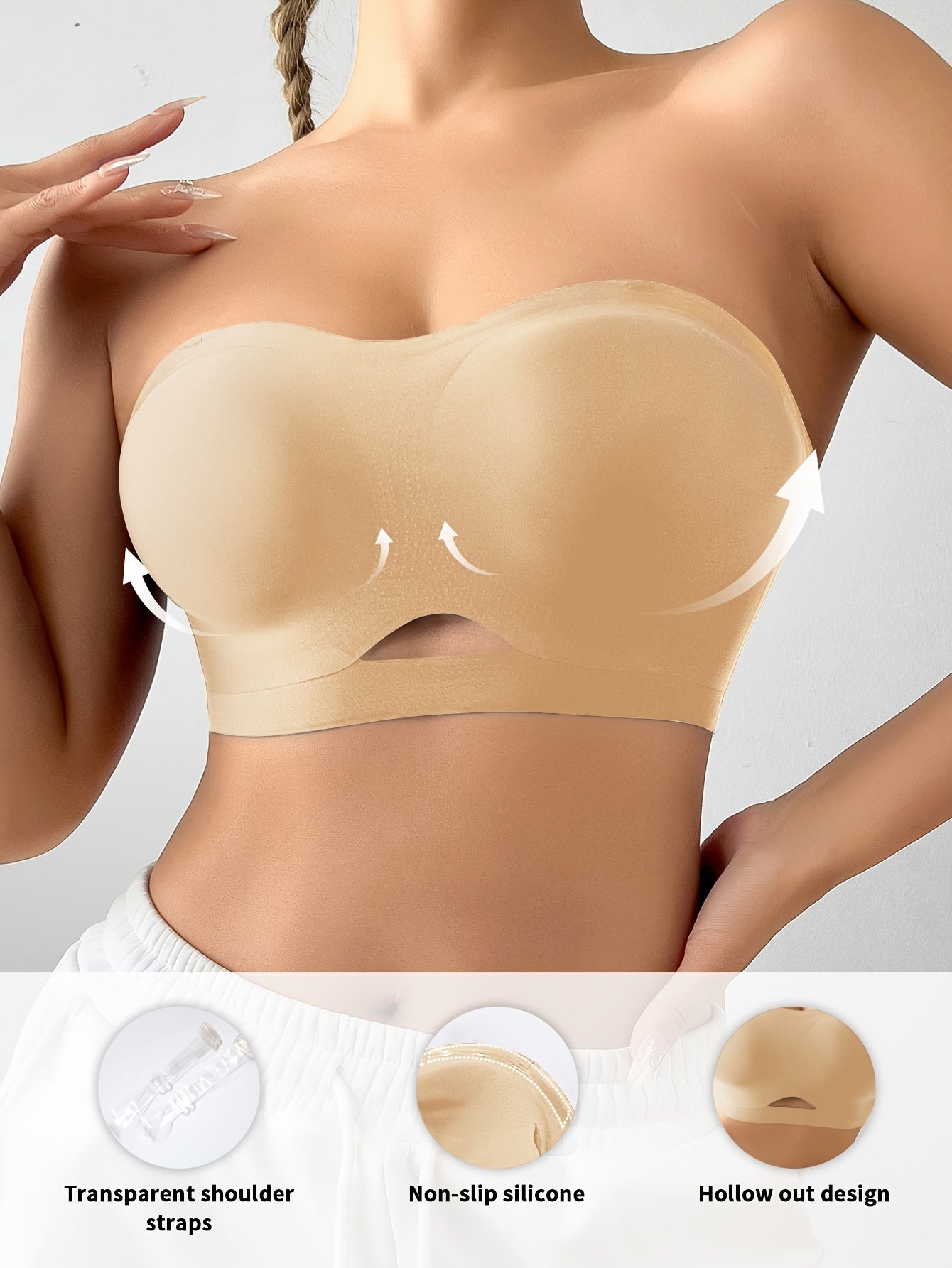 Solid Color Seamless Cutout Sexy Strapless Push-Up Bra Beige