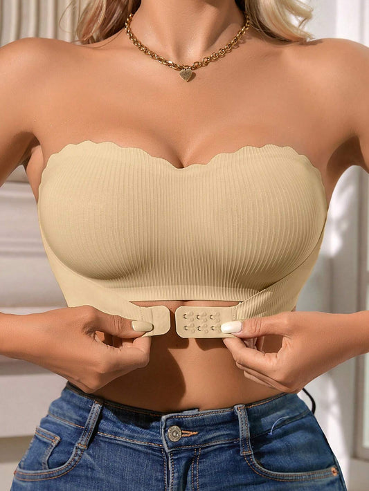 Unique Stripe Seamless Wave Edge Breathable Bra Anti-Slip Strapless Front Closure Beige