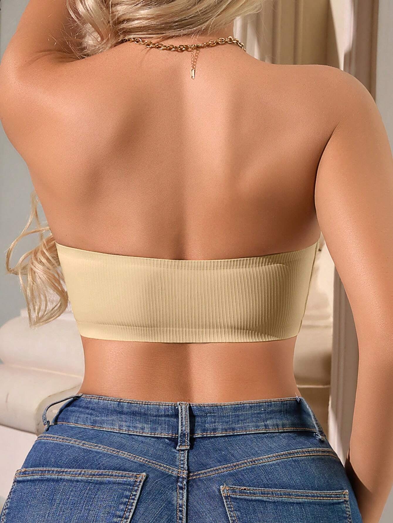 Unique Stripe Seamless Wave Edge Breathable Bra Anti-Slip Strapless Front Closure Beige