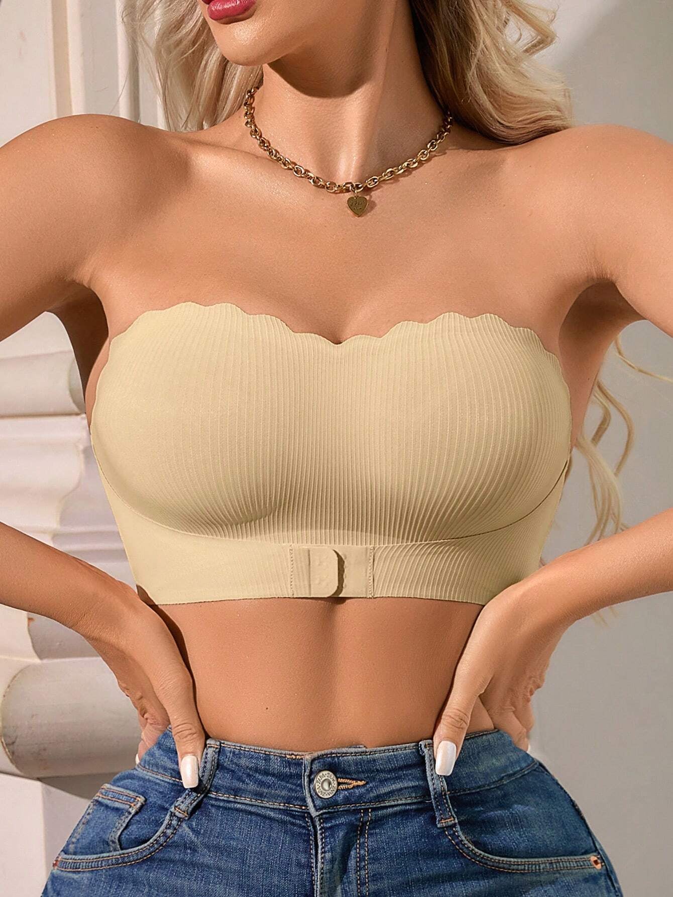 Unique Stripe Seamless Wave Edge Breathable Bra Anti-Slip Strapless Front Closure Beige