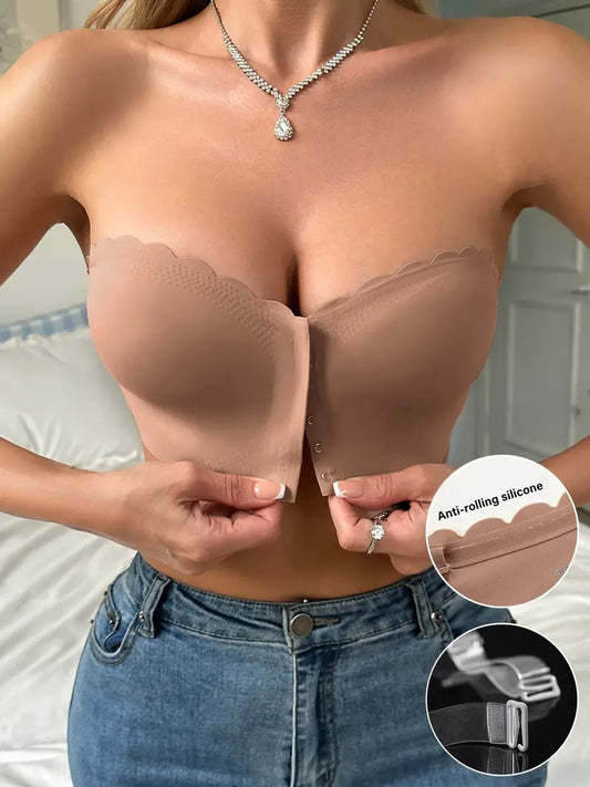 Front Closure Wireless Strapless Bra Brown