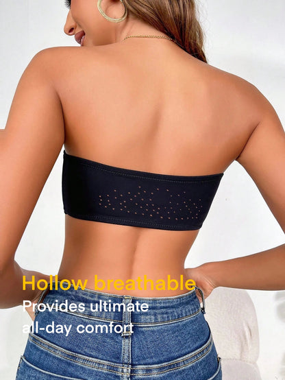 Simple Solid Front-Closure Hook And Eye Strapless Wireless Bra Black