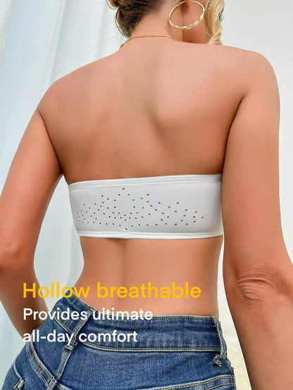 Simple Solid Front-Closure Hook And Eye Strapless Wireless Bra White