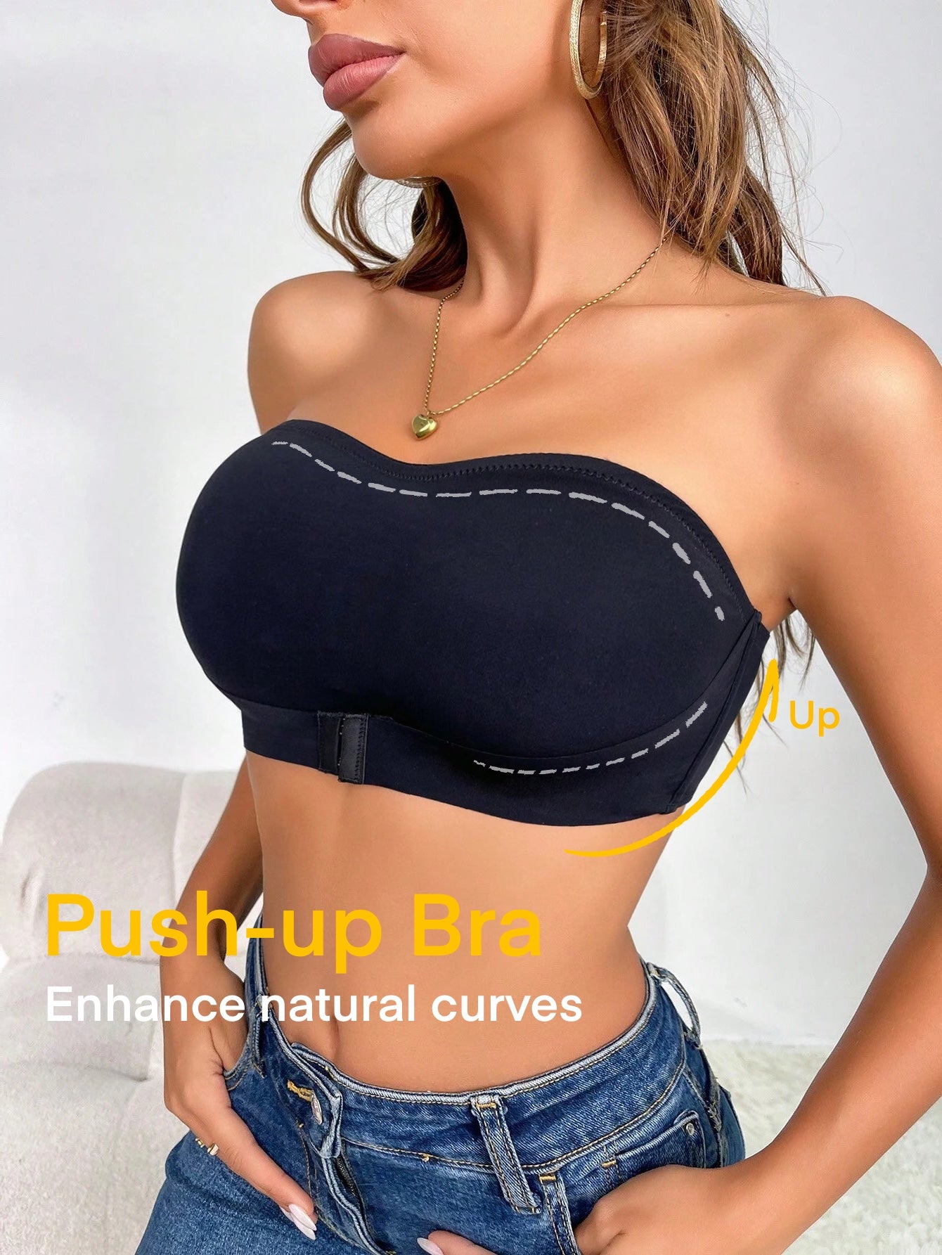 Simple Solid Front-Closure Hook And Eye Strapless Wireless Bra Black