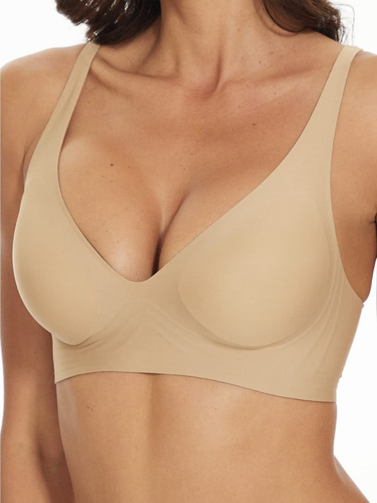 Wirefree Seamless Bra for Women Invisible Deep V Plunge Bra with Removeable Padding Tan