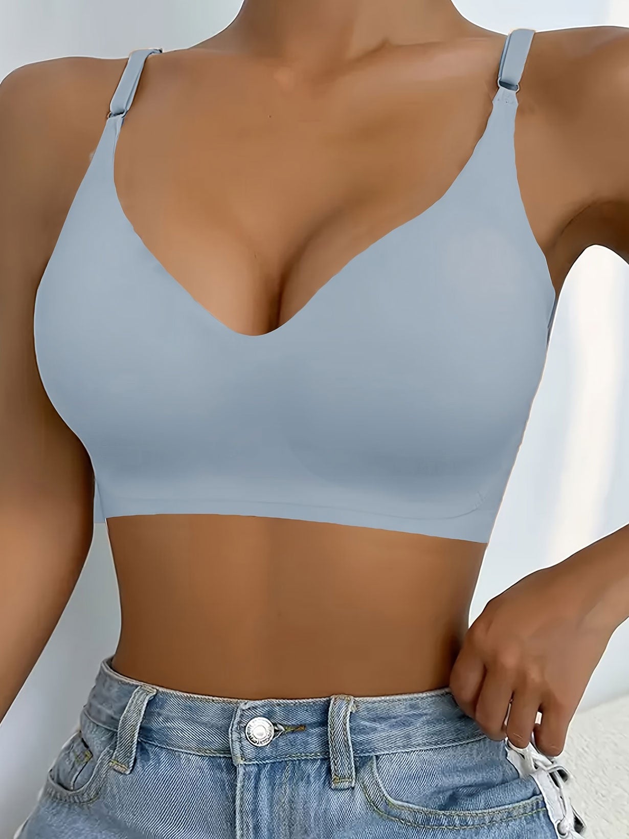 Low Back Seamless Push-up Wireless Bra Light Blue