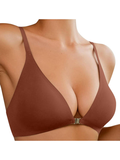 Comfortable Adjustable Straps Deep V Front Button Solid Color Wireless Bra RosyBrown