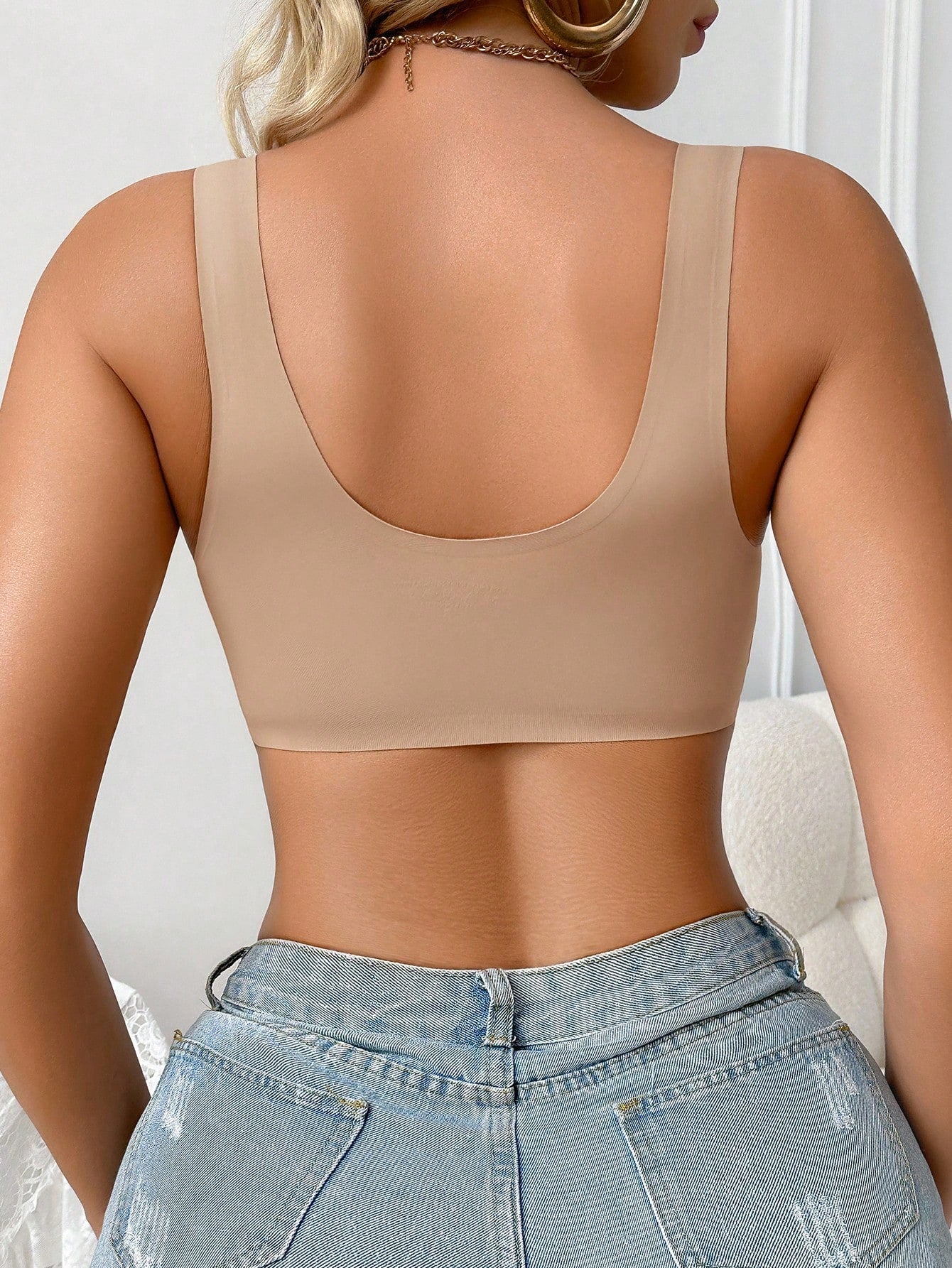 Deep V-Neck Front-Button Solid ColorBra, mit herausnehmbaren Pads Wireless Bra Ivory