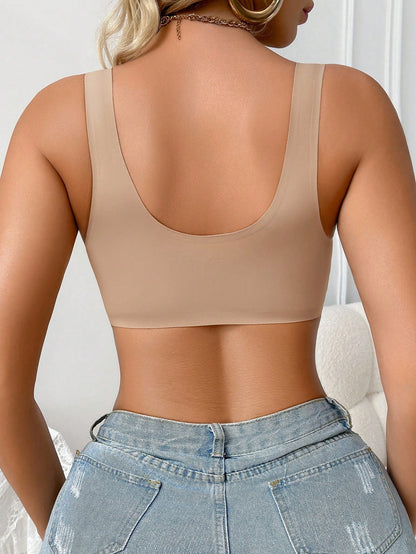 Deep V-Neck Front-Button Solid ColorBra, mit herausnehmbaren Pads Wireless Bra Ivory