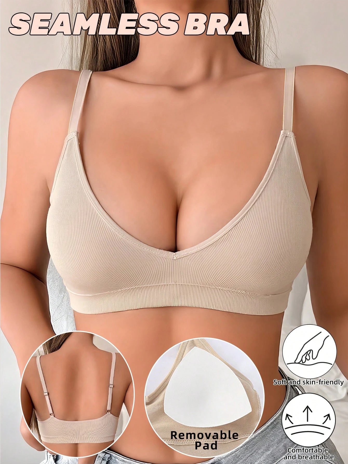 Deep V Solid Color Ribbed Knit Seamless Bra Linen