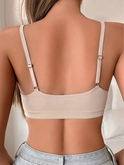 Deep V Solid Color Ribbed Knit Seamless Bra Linen