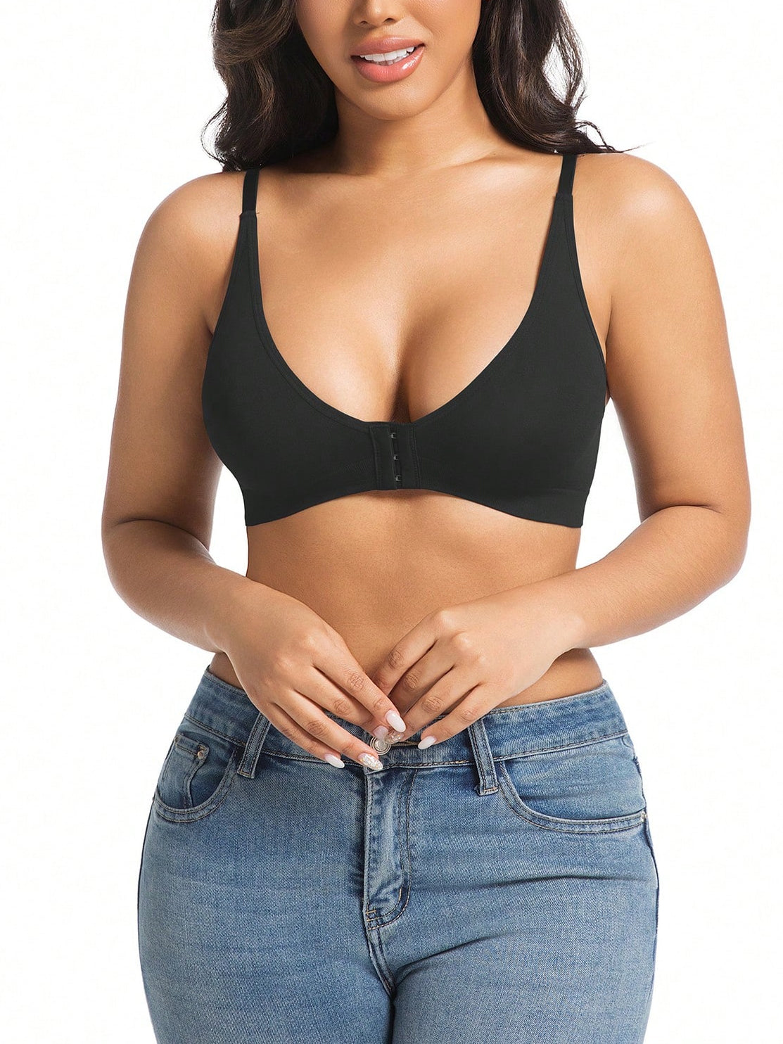 Solid Color Sexy Front Hook-and-Closure Bust Support Elastic Suspender Wire-Free Bra