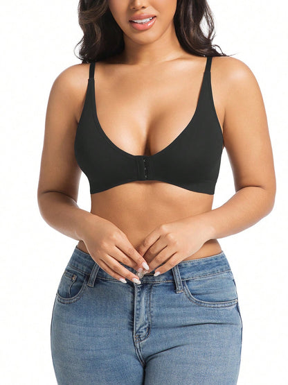 Solid Color Sexy Front Hook-and-Closure Bust Support Elastic Suspender Wire-Free Bra