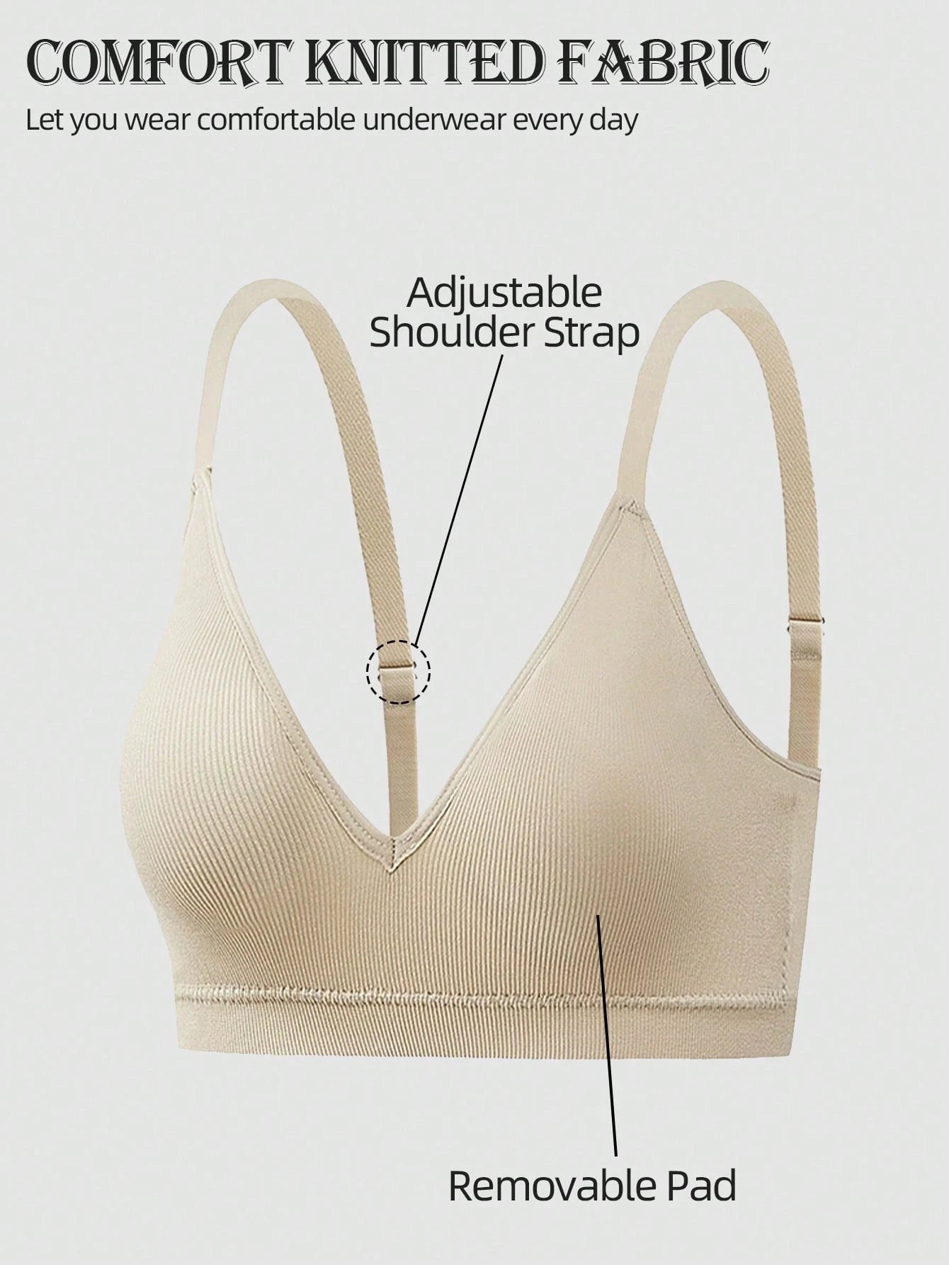 Deep V Solid Color Ribbed Knit Seamless Bra Linen