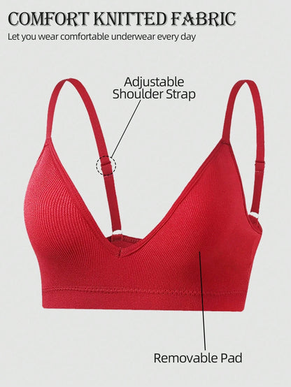Deep V Solid Color Ribbed Knit Seamless Bra Red