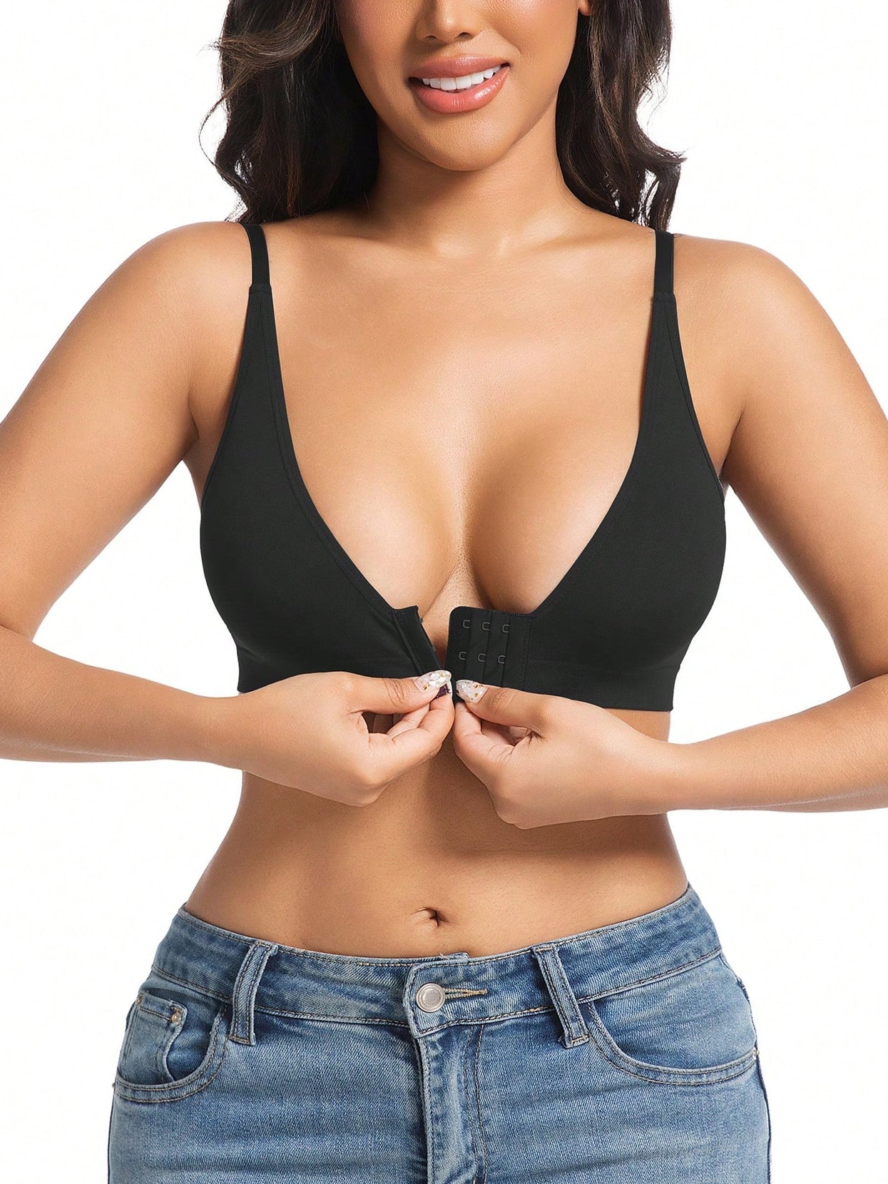 Solid Color Sexy Front Hook-and-Closure Bust Support Elastic Suspender Wire-Free Bra