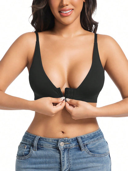 Solid Color Sexy Front Hook-and-Closure Bust Support Elastic Suspender Wire-Free Bra