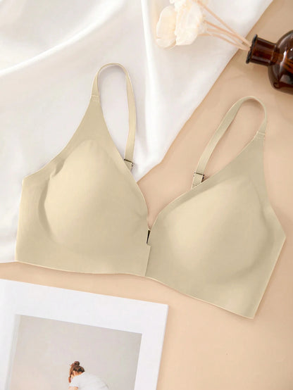 Comfortable Adjustable Straps Deep V Front Button Solid Color Wireless Bra Ivory