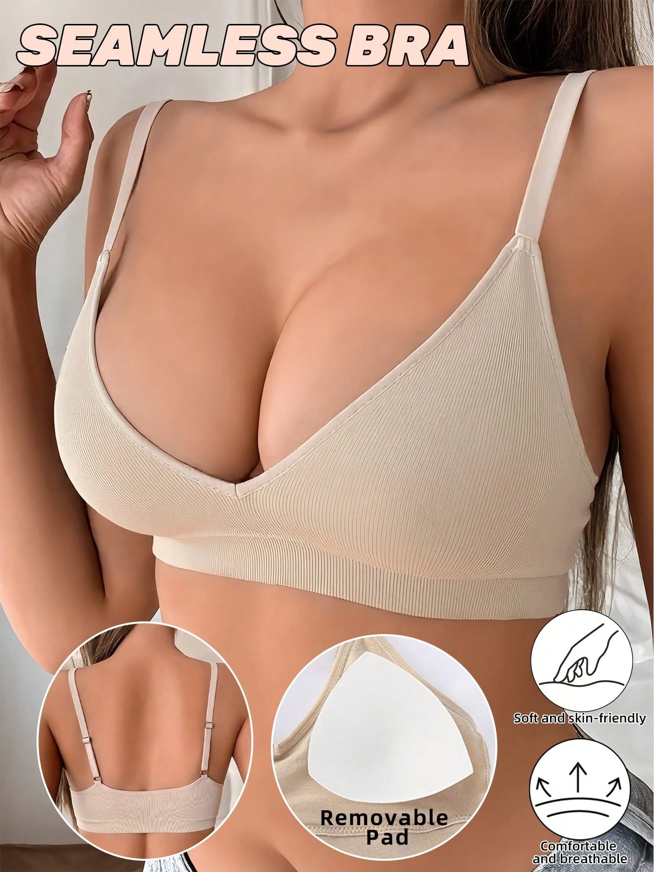 Deep V Solid Color Ribbed Knit Seamless Bra Linen