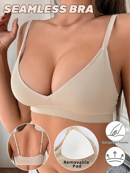 Deep V Solid Color Ribbed Knit Seamless Bra Linen