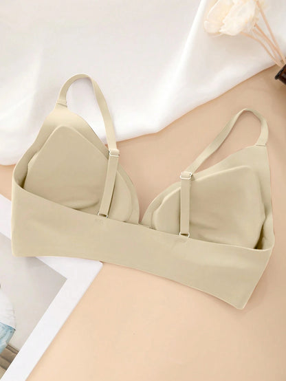 Comfortable Adjustable Straps Deep V Front Button Solid Color Wireless Bra Ivory