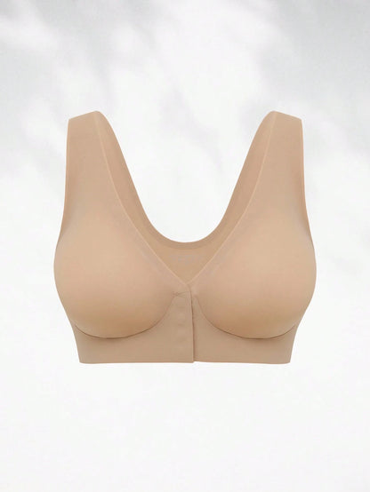 Deep V-Neck Front-Button Solid ColorBra, mit herausnehmbaren Pads Wireless Bra Ivory