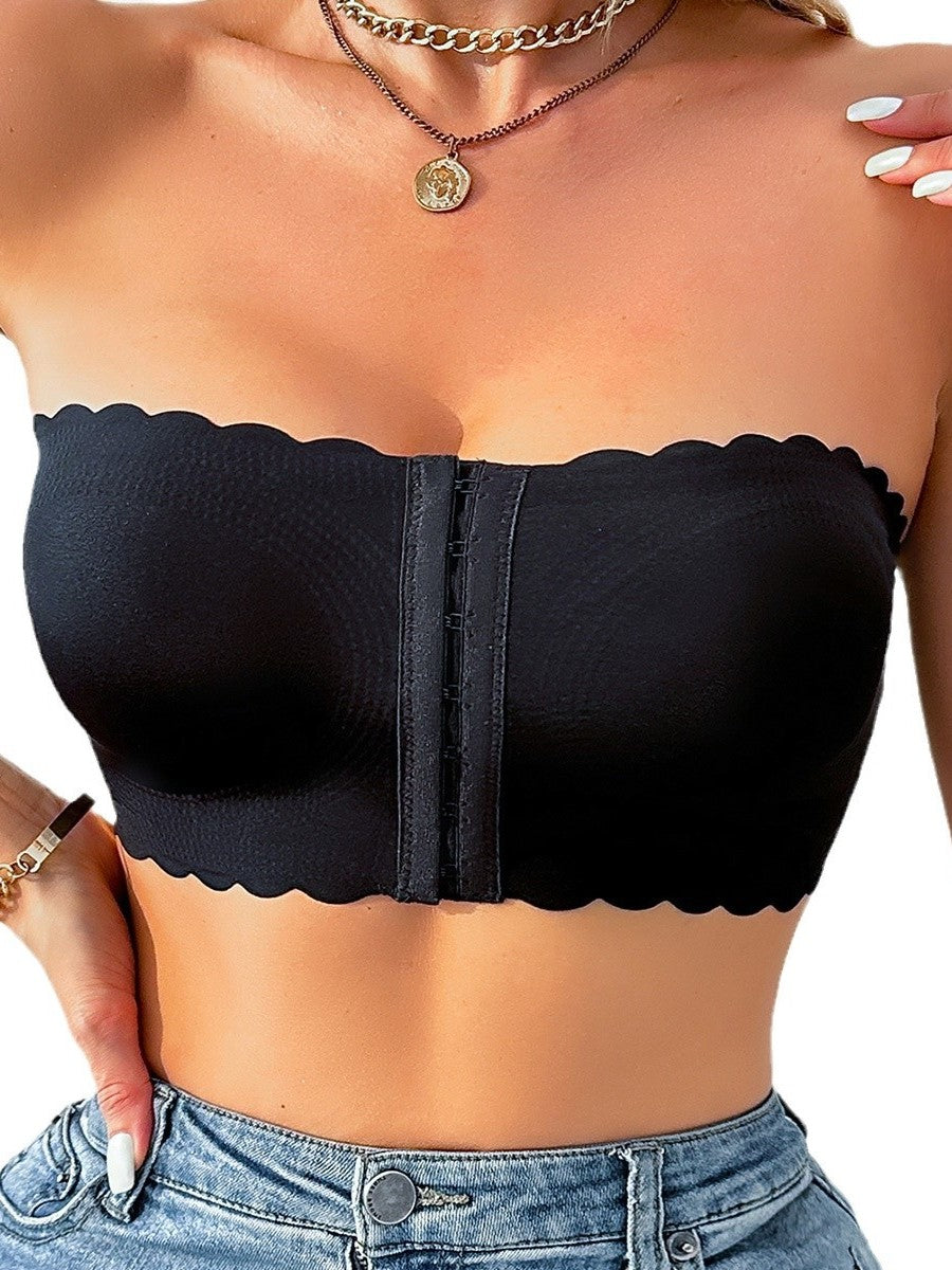 Front buckle seamless gathered wave edge strapless tube top bra