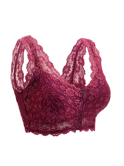 Women's Lace Front Closure Padded Everyday Short Bra，Plus Size VioletRed